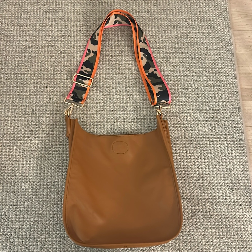 Ahdorned crossbody bag. Vegan camel leather. Camo strap that can be changed out